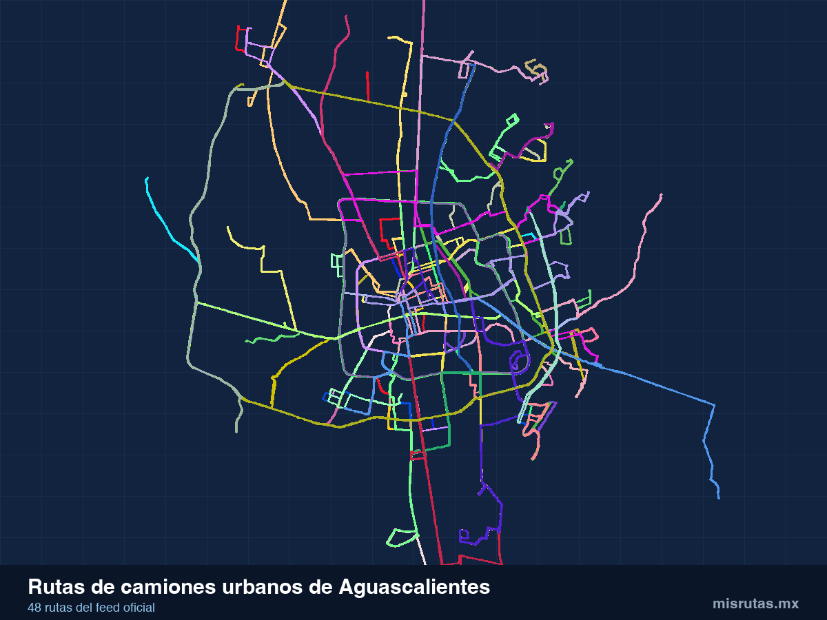 Mapa de las rutas de camiones urbanos de Aguascalientes, con el trazado de las 48 rutas del sistema