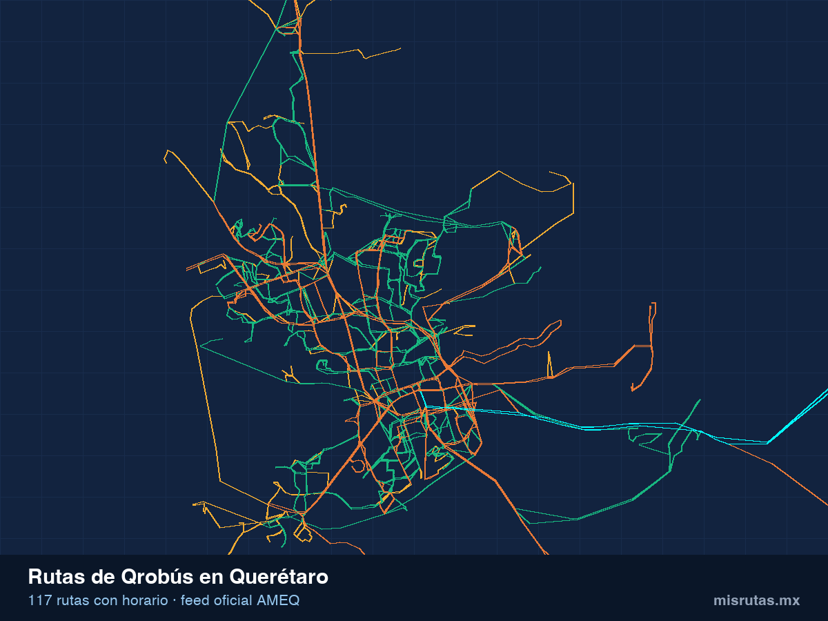 Mapa de la red de rutas de Qrobús en Querétaro, con las rutas naranjas, verdes y amarillas