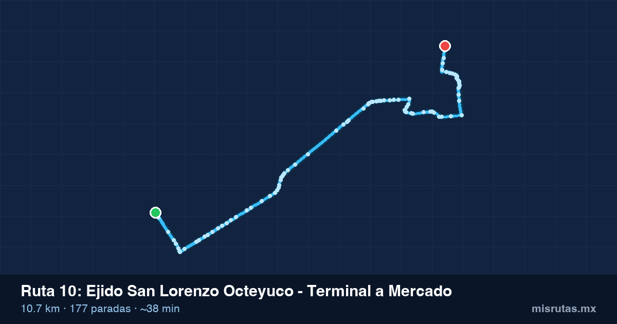Mapa del trayecto de Ejido San Lorenzo Octeyuco - Terminal a Mercado en camión