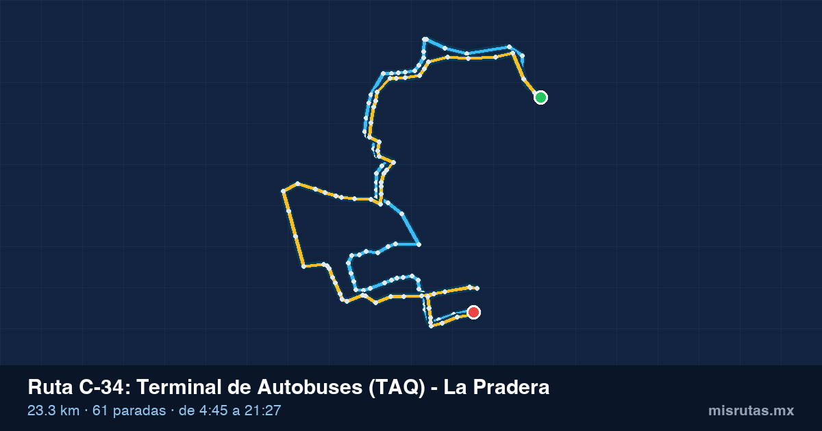 Mapa del recorrido de la ruta C-34 de Qrobús en Querétaro, Terminal de Autobuses (TAQ) – La Pradera
