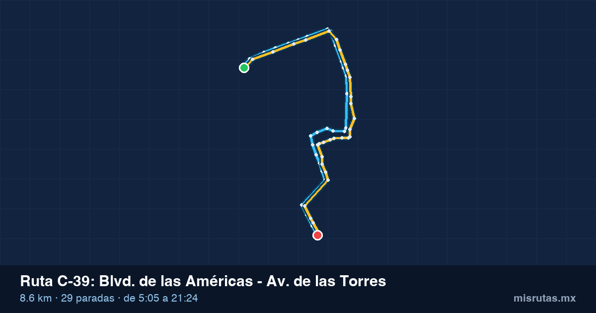Mapa del recorrido de la ruta C-39 de Qrobús en Querétaro, Blvd. de las Américas – Av. de las Torres