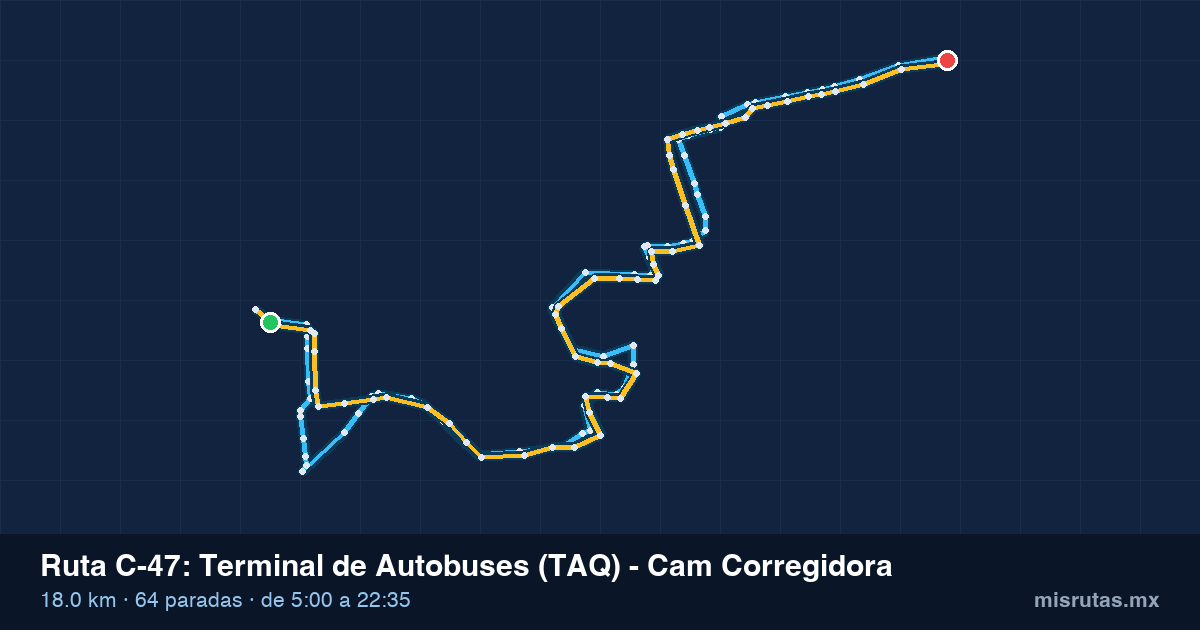 Mapa del recorrido de la ruta C-47 de Qrobús en Querétaro, Terminal de Autobuses (TAQ) – Cam Corregidora