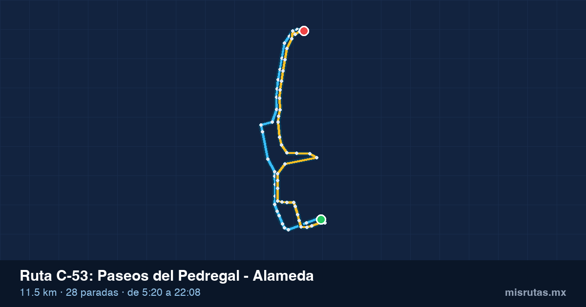 Mapa del recorrido de la ruta C-53 de Qrobús en Querétaro, Paseos del Pedregal – Alameda