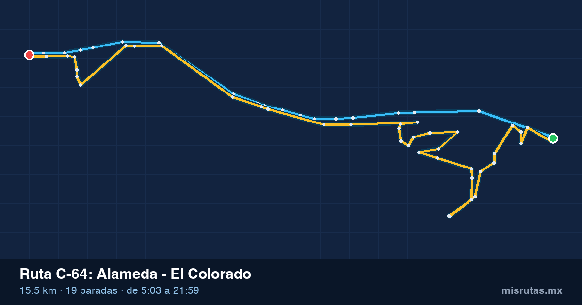 Mapa del recorrido de la ruta C-64 de Qrobús en Querétaro, Alameda – El Colorado