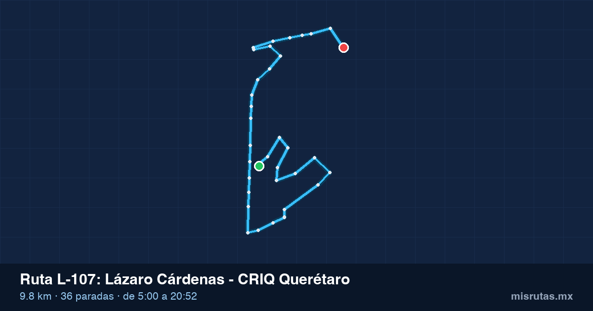 Mapa del recorrido de la ruta L-107 de Qrobús en Querétaro, Lázaro Cárdenas – CRIQ Querétaro