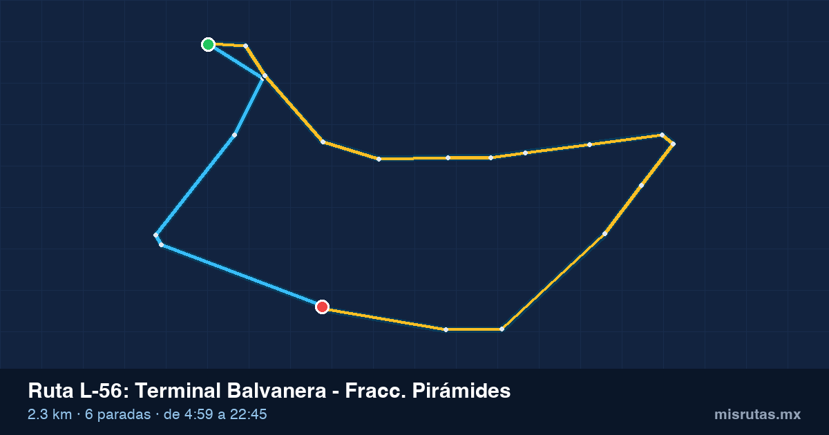 Mapa del recorrido de la ruta L-56 de Qrobús en Querétaro, Terminal Balvanera – Fracc. Pirámides