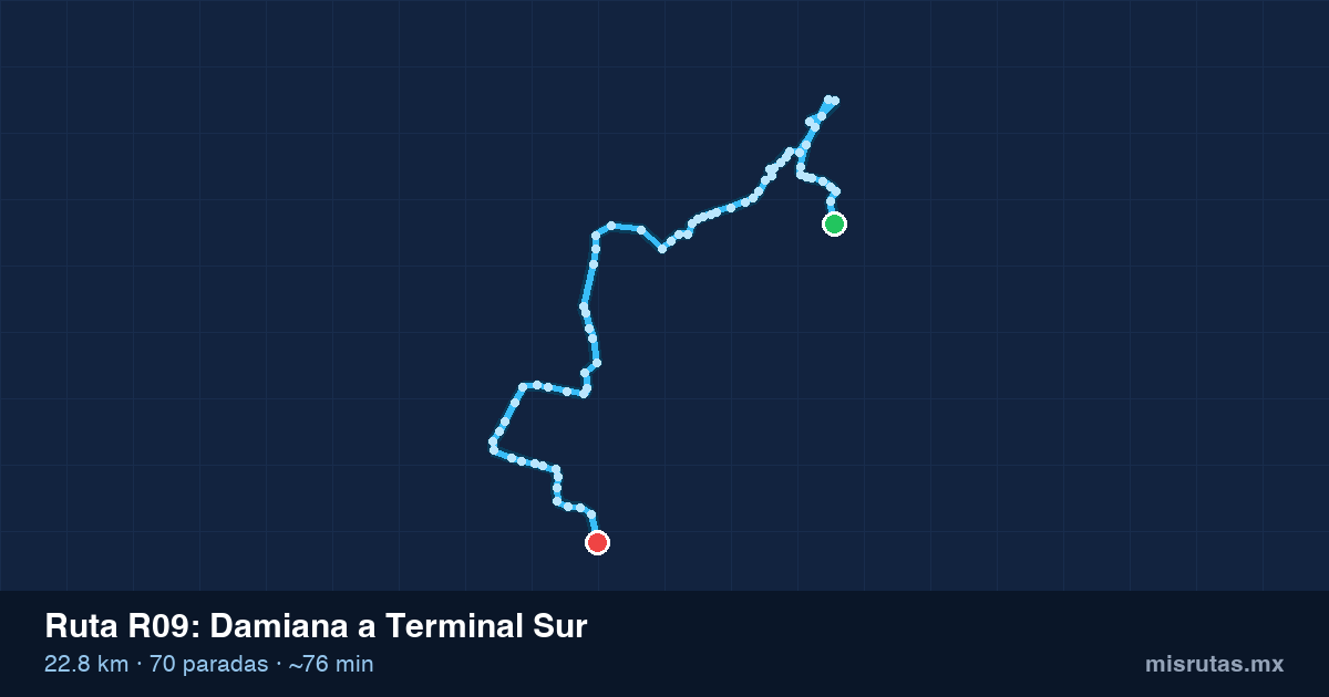 Mapa del trayecto de Damiana a Terminal Sur en camión