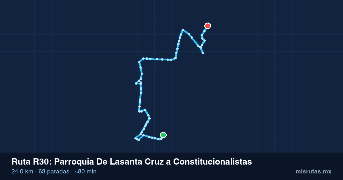 Mapa del recorrido de la ruta R30 de Parroquia De Lasanta Cruz a Constitucionalistas, 24.0 km y 63 paradas