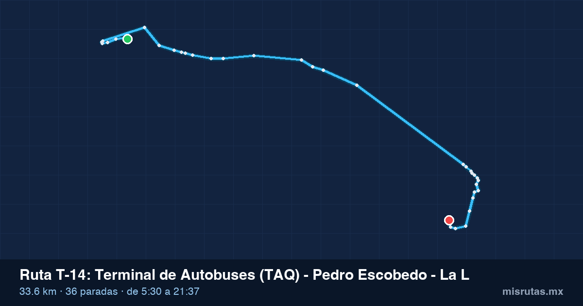 Mapa del recorrido de la ruta T-14 de Qrobús en Querétaro, Terminal de Autobuses (TAQ) – Pedro Escobedo – La Lira