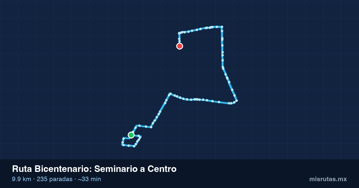 Mapa del recorrido de la ruta Bicentenario de Seminario a Centro, 9.9 km y 235 paradas