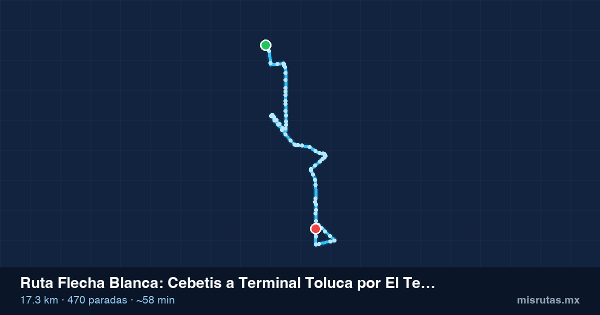 Mapa del recorrido de la ruta Flecha Blanca de Cebetis a Terminal Toluca por El Tejocote, 17.3 km y 470 paradas