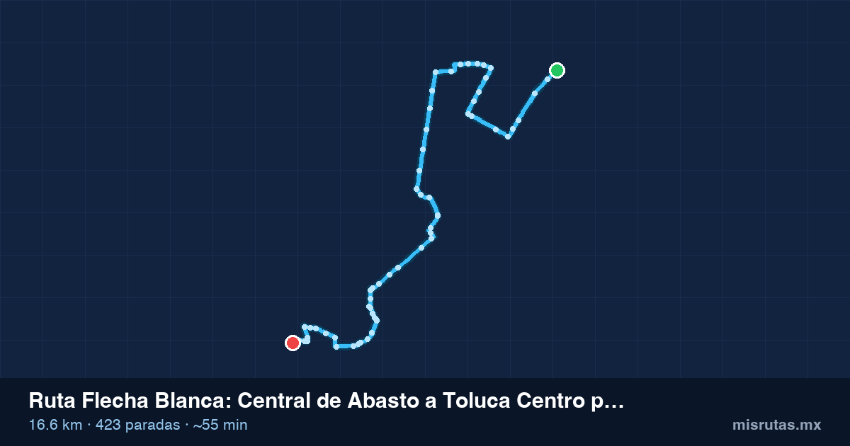 Mapa del recorrido de la ruta Flecha Blanca de Central de Abasto a Toluca Centro por El Rastro, 16.6 km y 423 paradas