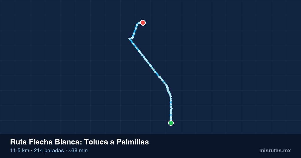 Mapa del recorrido de la ruta Flecha Blanca de Toluca a Palmillas, 11.5 km y 214 paradas
