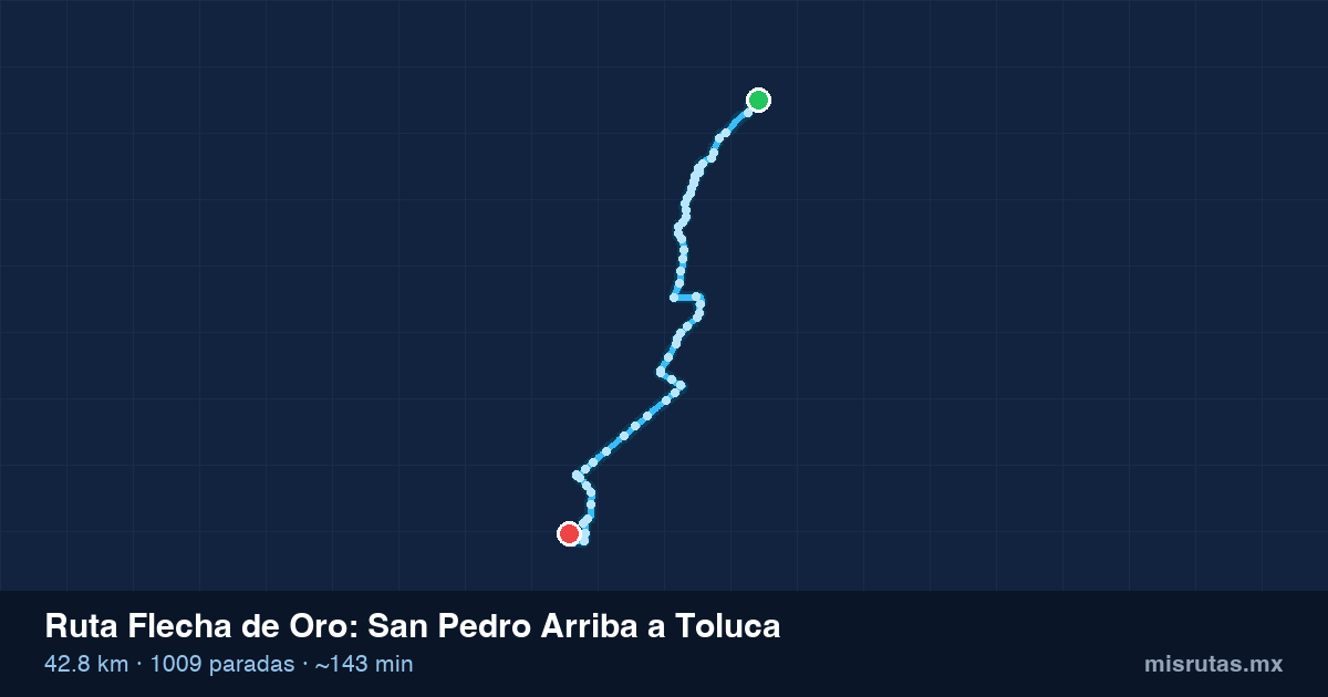 Mapa del recorrido de la ruta Flecha de Oro de San Pedro Arriba a Toluca, 42.8 km y 1009 paradas