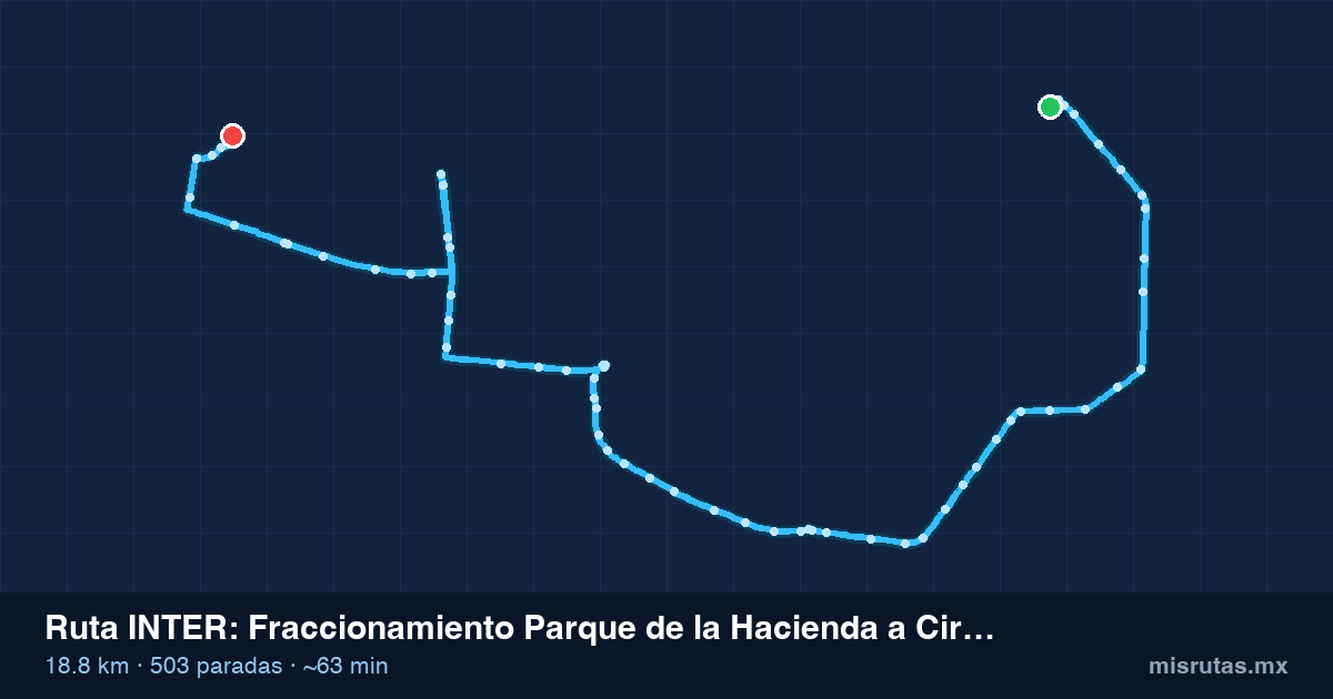 Mapa del recorrido de la ruta INTER de Fraccionamiento Parque de la Hacienda a Circuito Tollocan, 18.8 km y 503 paradas