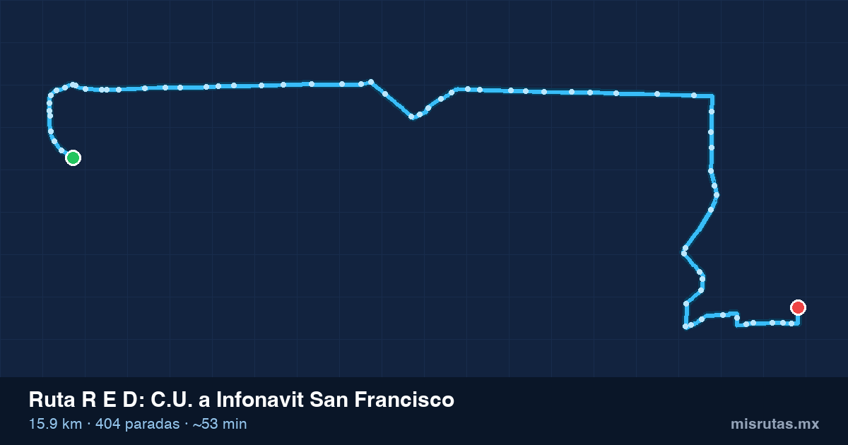 Mapa del recorrido de la ruta R E D de C.U. a Infonavit San Francisco, 15.9 km y 404 paradas
