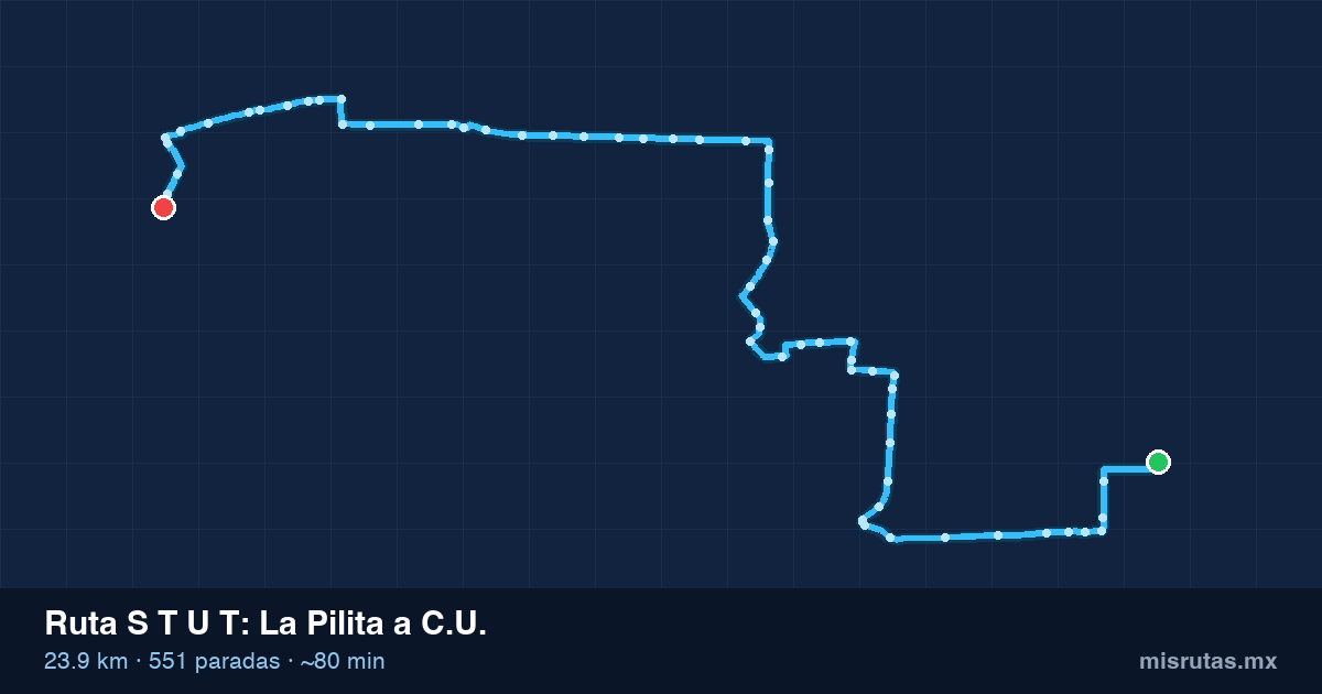 Mapa del recorrido de la ruta S T U T de La Pilita a C.U., 23.9 km y 551 paradas
