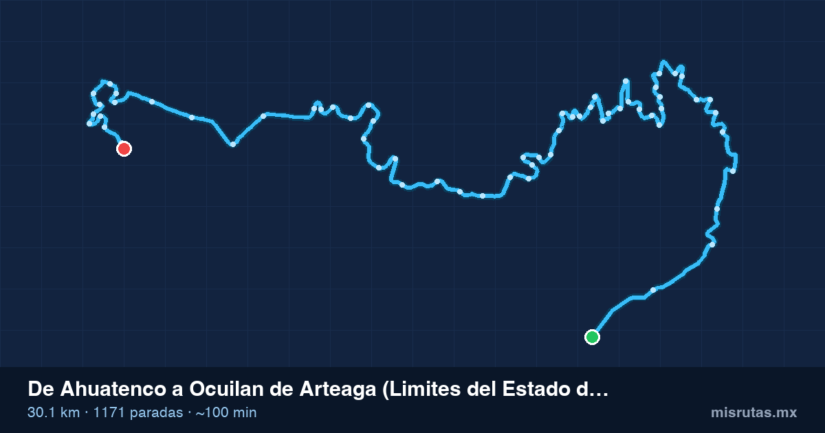 Mapa del recorrido del camión de Ahuatenco a Ocuilan de Arteaga (Limites del Estado de México con Morelos), 30.1 km y 1171 paradas