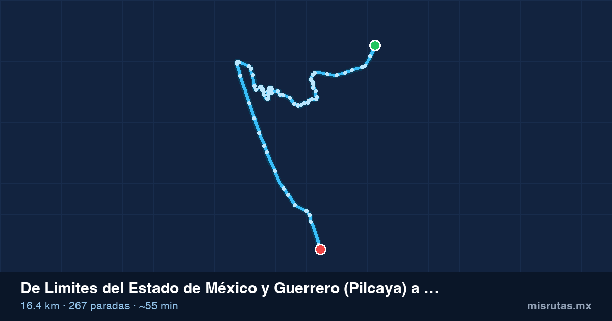 Mapa del recorrido del camión de Limites del Estado de México y Guerrero (Pilcaya) a Ixtapan, 16.4 km y 267 paradas