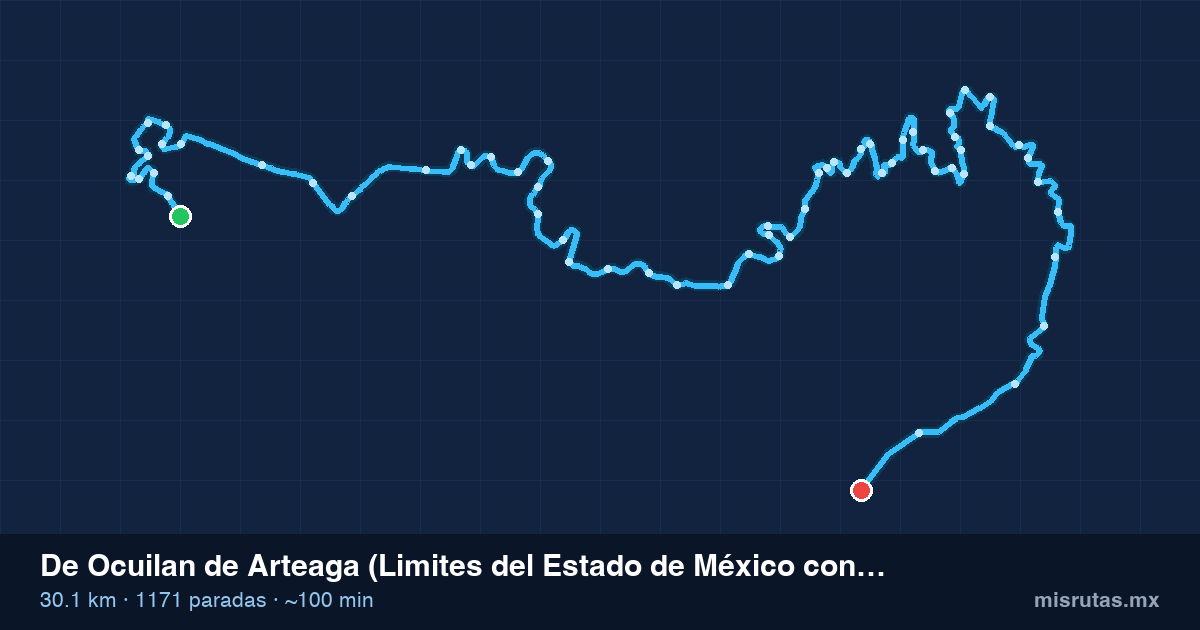 Mapa del recorrido del camión de Ocuilan de Arteaga (Limites del Estado de México con Morelos) a Ahuatenco, 30.1 km y 1171 paradas
