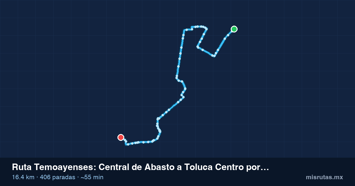 Mapa del recorrido de la ruta Temoayenses de Central de Abasto a Toluca Centro por el Rastro, 16.4 km y 406 paradas