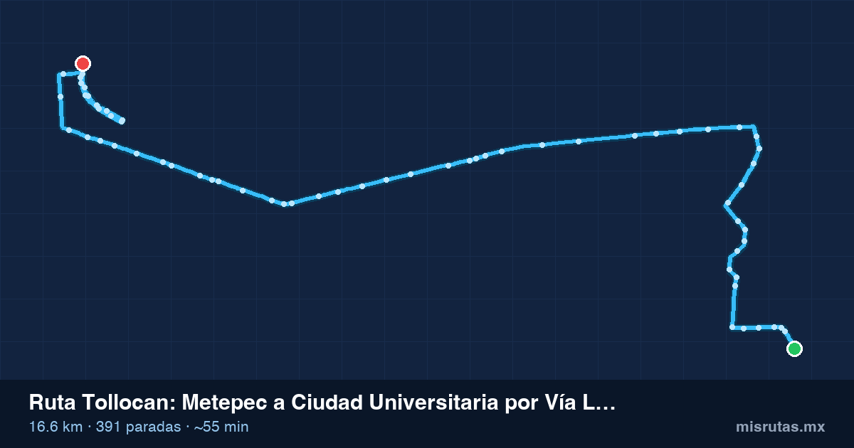 Mapa del recorrido de la ruta Tollocan de Metepec a Ciudad Universitaria por Vía Las Torres, 16.6 km y 391 paradas