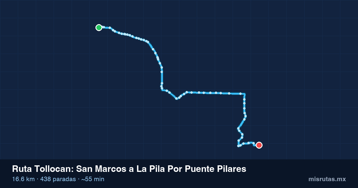 Mapa del recorrido de la ruta Tollocan de San Marcos a La Pila Por Puente Pilares, 16.6 km y 438 paradas